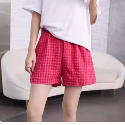Summer Home Shorts Women's High Waisted Slimming Wide Leg Pants Sports Casual Pants Loose Plaid Pajama Pants Red grid