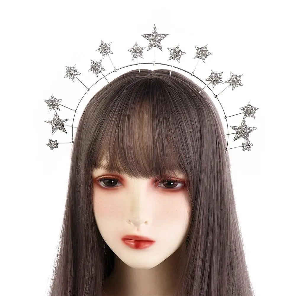 Exaggerated Metal Star Hair Hoop Silver Princess Halo Crown Bridal Hair Tiara Rhinestone Baroque Hairbands Children