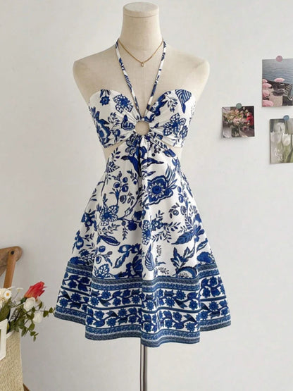 Women's Romantical Floral Print Halter Neck Sexy Fashionable Dress Easy to Create Lazy Stylish Vacation Style Dress Blue