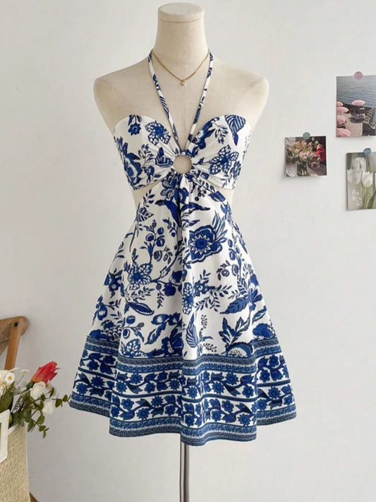 Women's Romantical Floral Print Halter Neck Sexy Fashionable Dress Easy to Create Lazy Stylish Vacation Style Dress Blue
