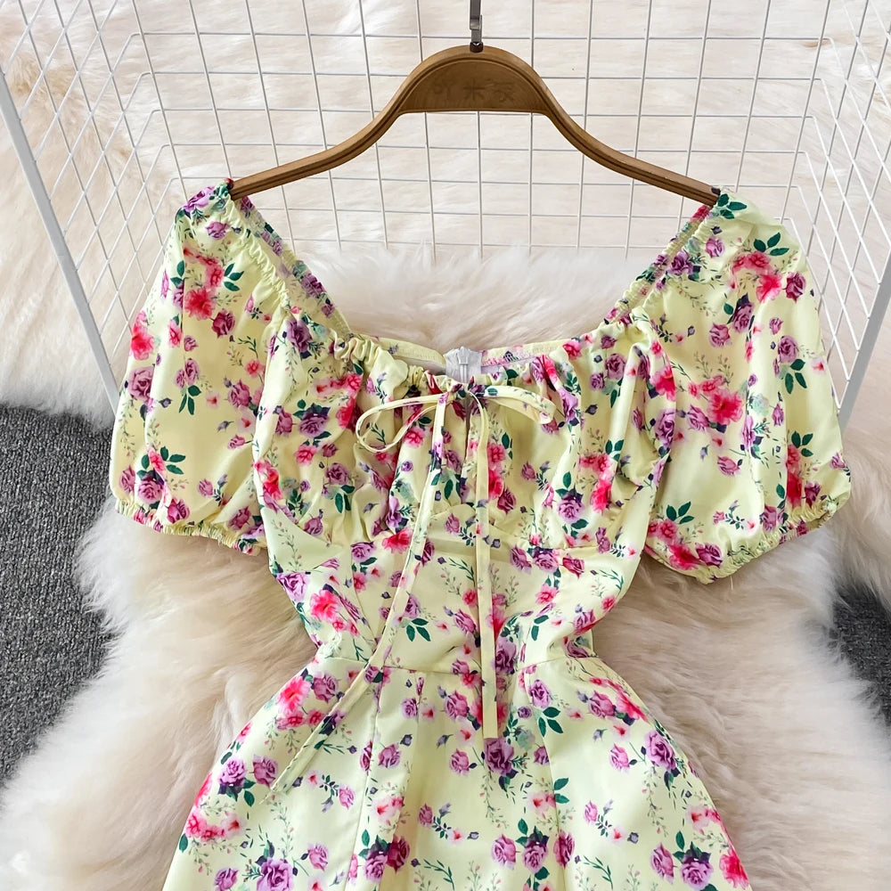 Summer Vintage Dress Blue Floral Summer Bubble Sleeve Tie Up Sexy Dresses Women A-line Print Split Long Dress Elegant Vestidos