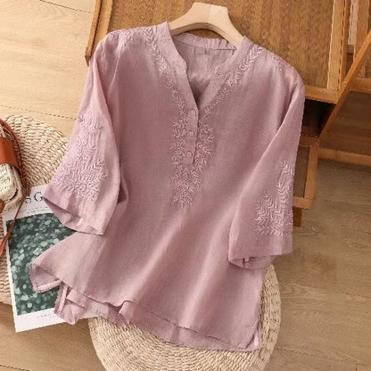 Thin Streetwear Vintage Clothes Ethnic Style Cotton Linen Shirts for Women Clothing Top Tshirt Tees Fashion Casual Embroidery Purple-B