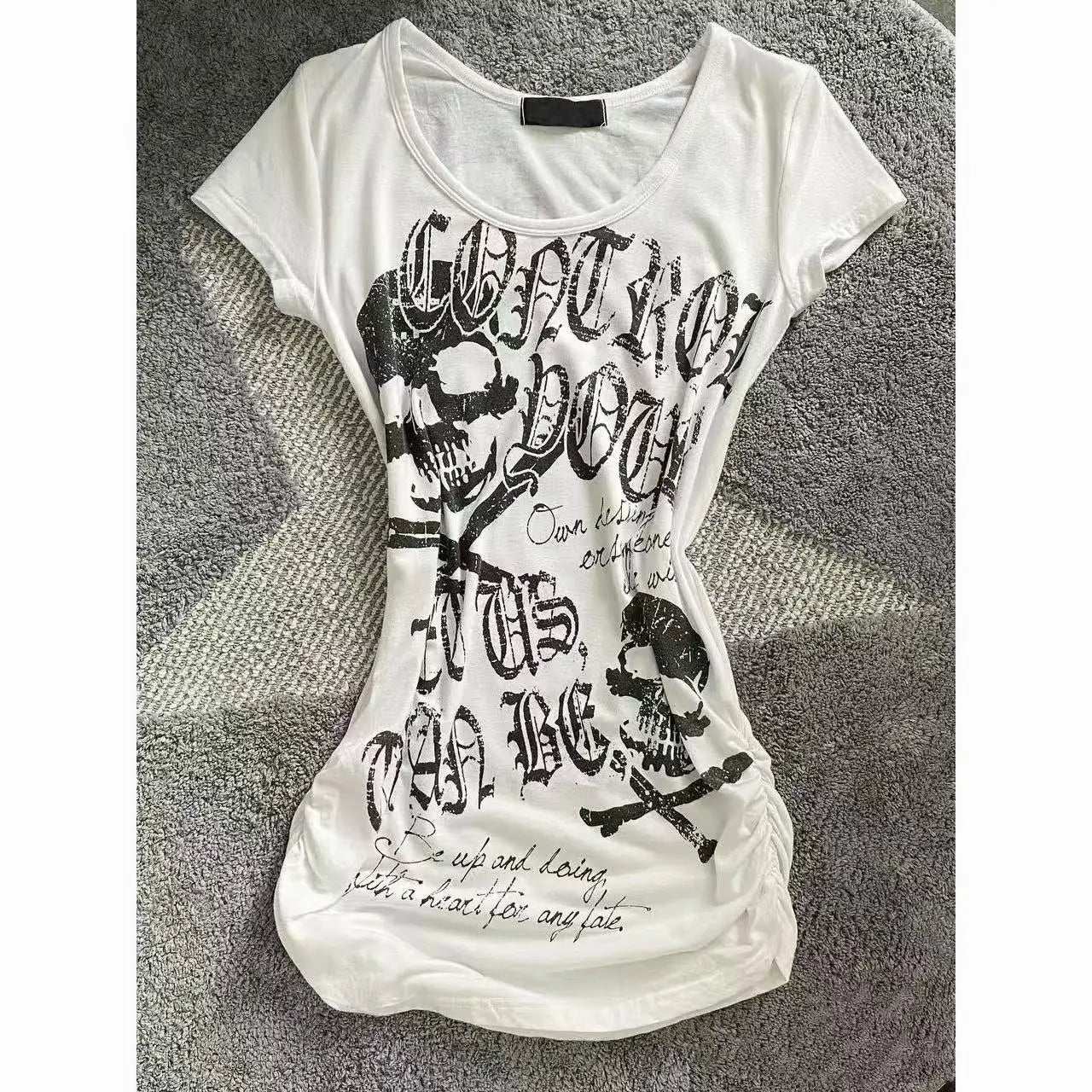 Punk Vintage 2000s Streetwear T shirts Women Clothes Gothic Slim Skulls Print Femme Tshirt Short sleeve Kpop Aesthetic Crop Tops WHITE