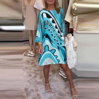 Ladies Elegant Crew-neck Pullover Office Dress Autumn All Match Pattern Print Female Dress 2024 Chic Long Sleeve Commuter Dress