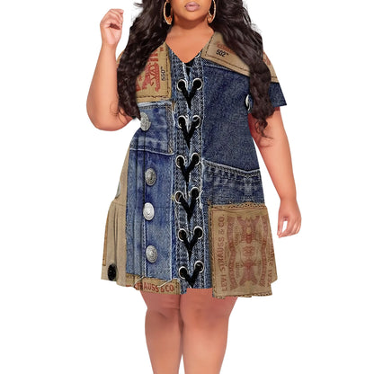 Denim Patchwork Lace-up V-neck Short Sleeve Dress - Women's Vintage Rugged Casual Party Festival Summer