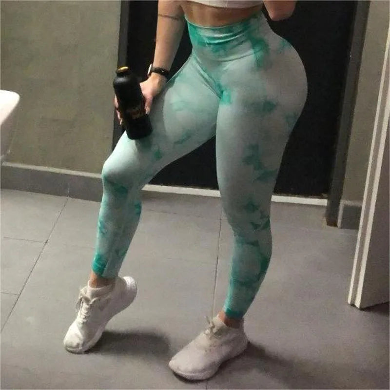 Women Tie Dye Seamless Gym Leggings Push Up Sports Fitness Butt Lifting Yoga Running Pants Elastic Nylon Tights Leggins Green