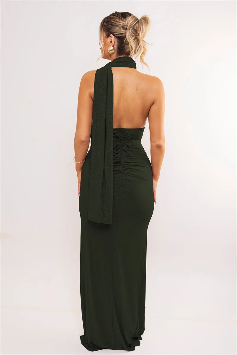 Mozision Halter Off-shoulder Sexy Maxi Dress Women Fashion Sleeveless Backless Ruched Split Club Party Bodycon Long Dresses