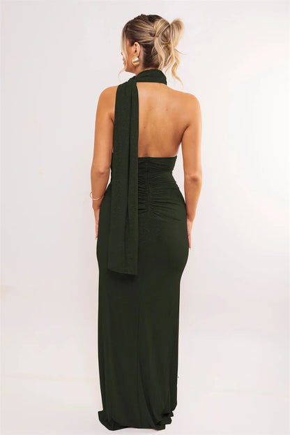 Mozision Halter Off-shoulder Sexy Maxi Dress Women Fashion Sleeveless Backless Ruched Split Club Party Bodycon Long Dresses