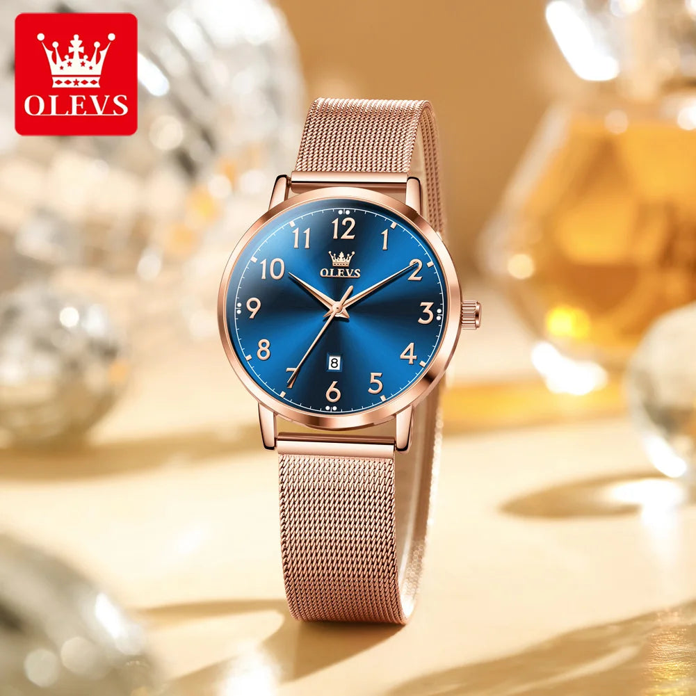 OLEVS New 5653 Woman Watch Elegant Rose Gold Mesh Steel Strap Ladies Watches Digital Dial Simple Fashion Quartz Watch for Women Rose Blue CHINA