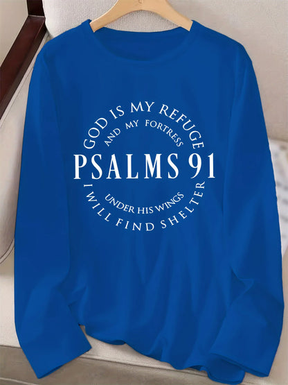 Spring and Autumn Women's 100% Cotton Fashion Casual Loose Inspirational Palms 91 Verseprint Round Neck Long Sleeve T-shirt