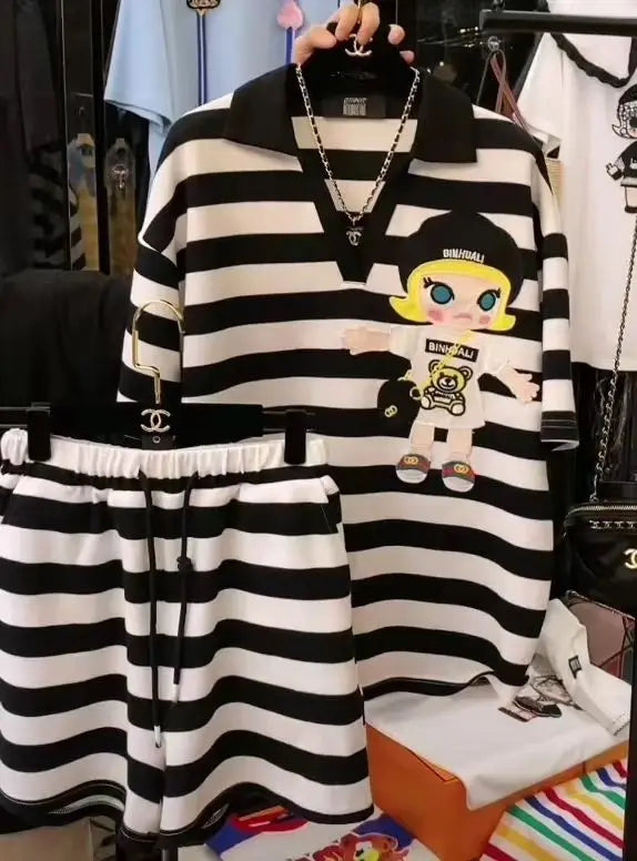 Casual Sports Striped Oversized Women's Clothing Summer Loose Turn-down Collar Pullovers Short Sets Elastic Waist Wide Leg Pants