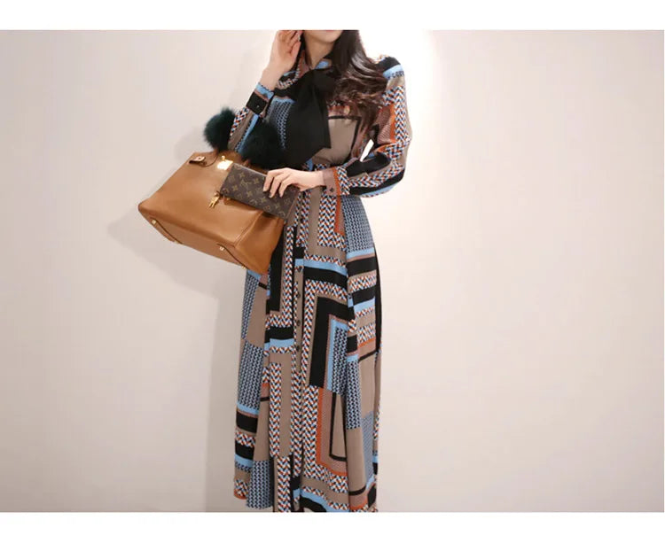 H Han Queen Vintage Print Elegant Long Dress Women Spring Single-breasted Shirt Dresses Waist Swing Ankle-length Vestidos