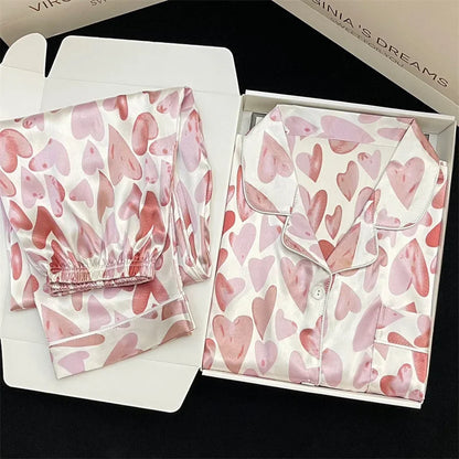 Korean Style Women's Two-piece Pajamas Sets Fashion Flower Print Faux Silk Satin Sleepwear Female Long Sleeve Pants Housewear 6