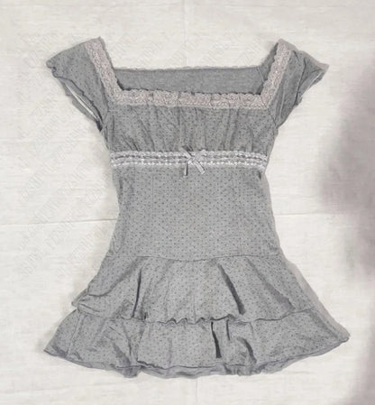 Aesthetic Slim Dress Harajuku Y2K Women Polka dot skirt Chic Maiden Frock Hot Girl Classic Fashion Classic Korean emo Sundress Gray(tops)