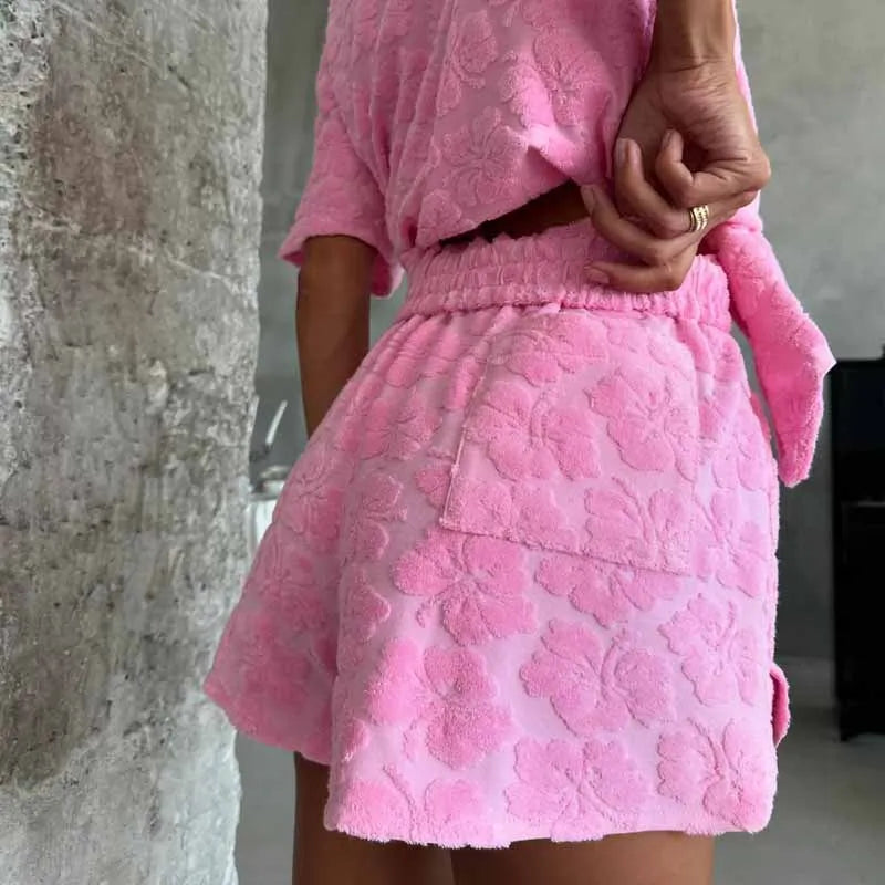 2025 Women's Soft 2PCS Pajama Sets Pink Color Loose Suit Elegant Sleepwear Sets Casual Lapel Short Sleeve Shirt + Shorts Outfits