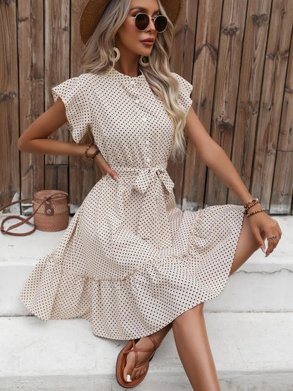 European and American women's polka dot printed butterfly sleeves with ruffled edges and wide pine hem waistband dress Badiee Stylez