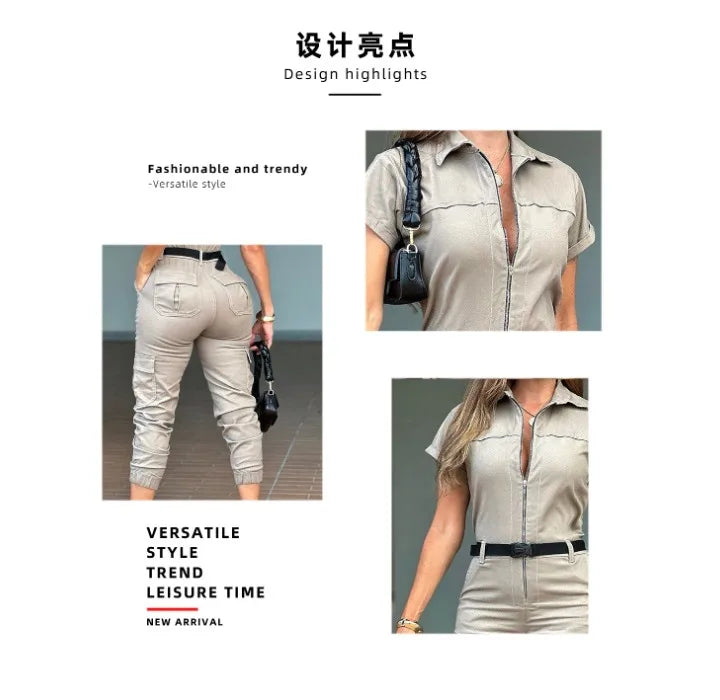Sexy Women's Jumpsuit 2024 Summer New Fashion Zipper Workwear Short Sleeved Lapel Multi Pocket Waistband Bodysuit Pants Female