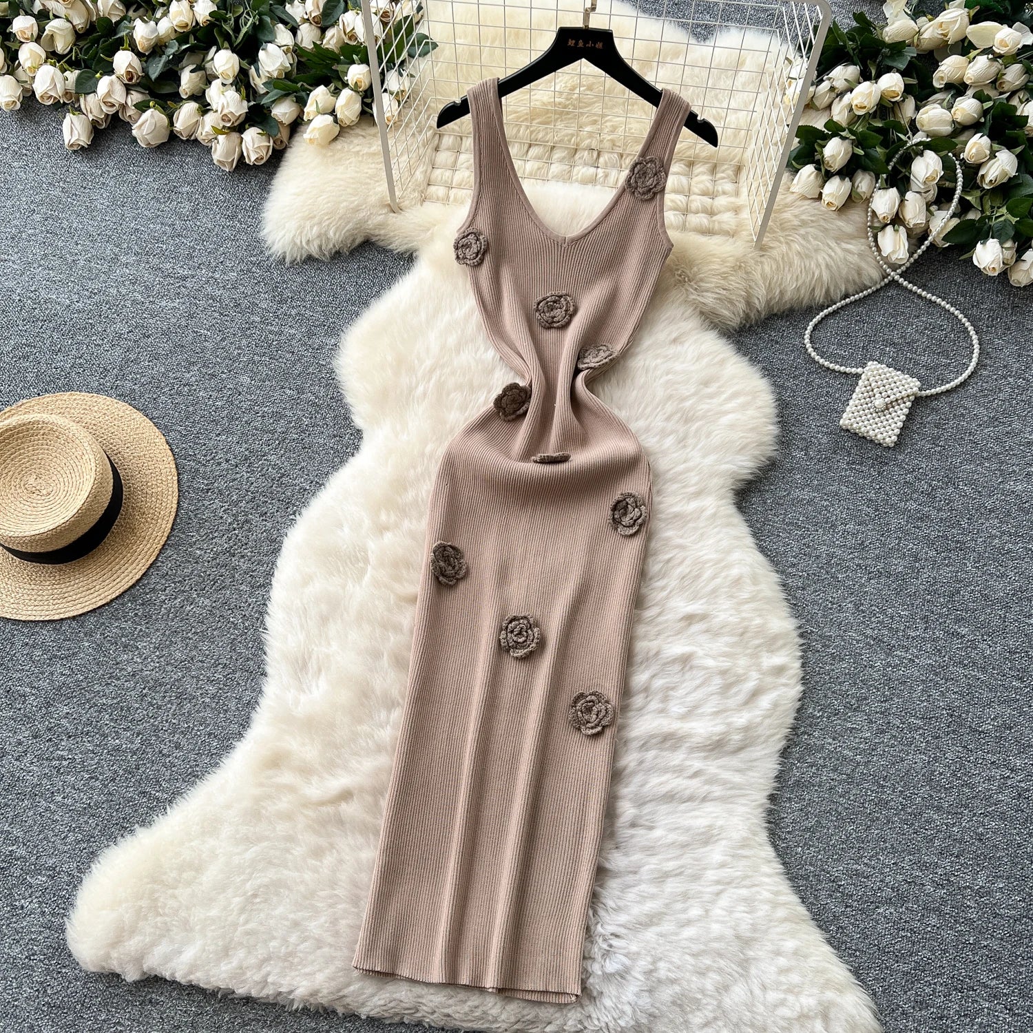 SINGREINY Knitted 3D Flower Chic Dress Sleeveless Slim Solid Elastic Sundress Women Summer Casual Fashion Bodycon Long Dresses