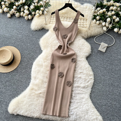 SINGREINY Knitted 3D Flower Chic Dress Sleeveless Slim Solid Elastic Sundress Women Summer Casual Fashion Bodycon Long Dresses