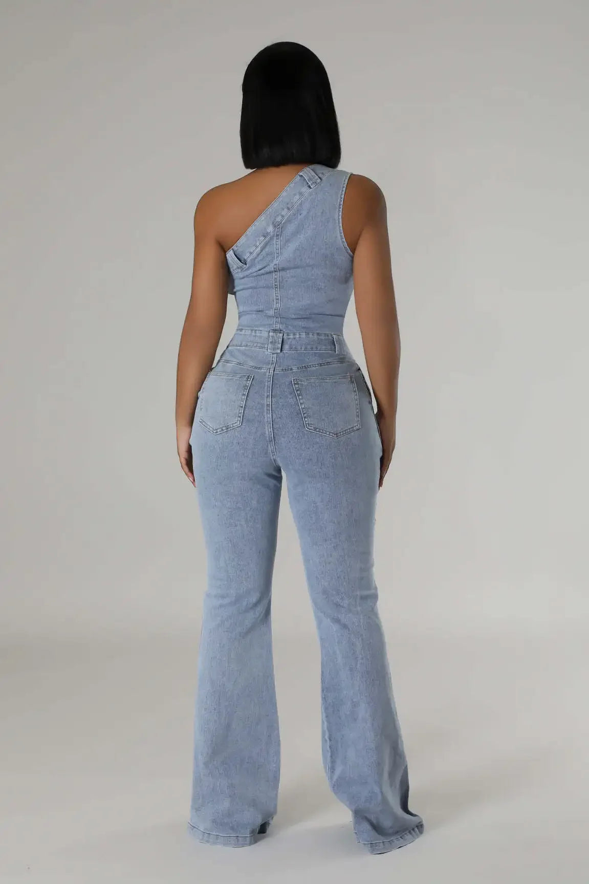 Flare Denim Pants Full Length Women Jeans One Piece Overalls Spliced Solid Jumpsuits Loose Pockets High Waist Basics Washed
