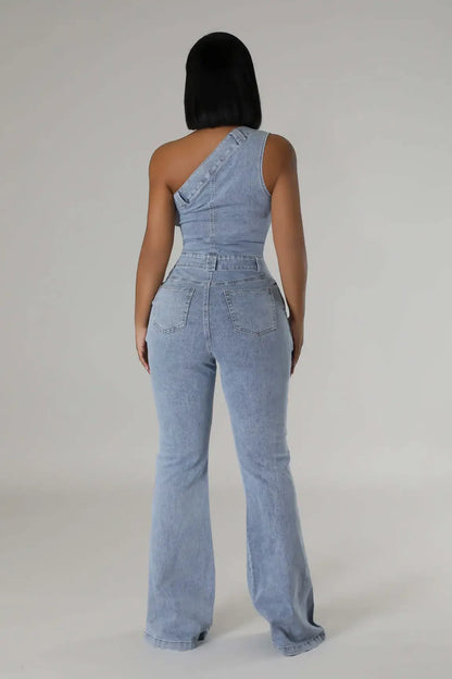 Flare Denim Pants Full Length Women Jeans One Piece Overalls Spliced Solid Jumpsuits Loose Pockets High Waist Basics Washed