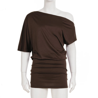 SUCHCUTE Bat Sleeve Wrap Dress Women One-Shoulder Solid Backless Bodycon Dress Evening Party Club Dress Y2K Sexy Outfits Summer Dark Brown