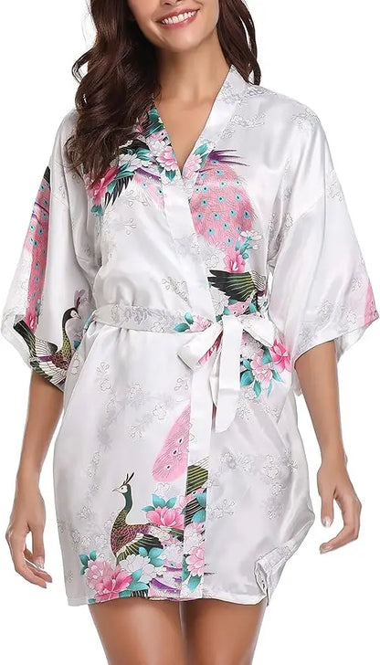 Womens Kimono Robes Dressing Gown Satin Bathrobe Nightdress Short Style Bridal Robe As the photo show 12