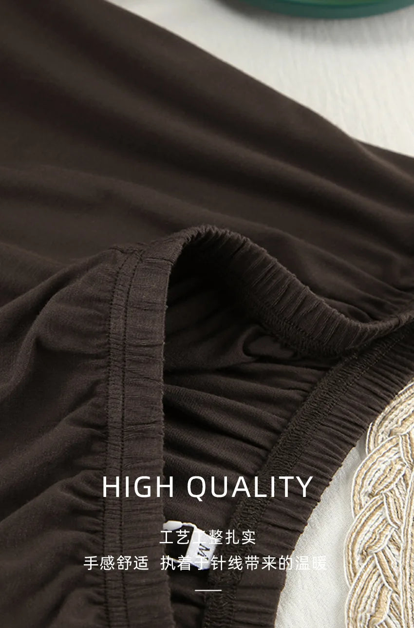 New 2025 Brown Loose Female Sleepwear Suit O-Neck Nightgowns Long Sleeve Nightwear Wide Leg Pants Women's Pajamas 2 Piece Set