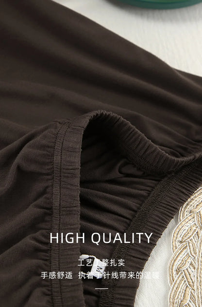 New 2025 Brown Loose Female Sleepwear Suit O-Neck Nightgowns Long Sleeve Nightwear Wide Leg Pants Women's Pajamas 2 Piece Set