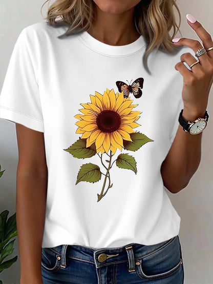 Plus - Size Sunflower & Butterfly Graphic Tee, Short - Sleeve white