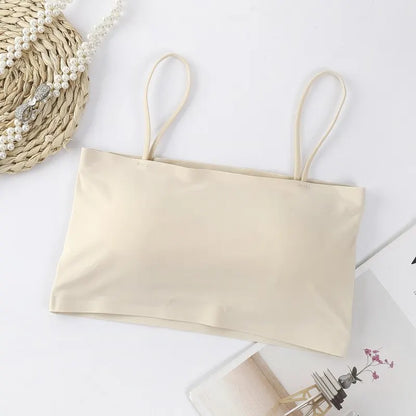 Women Crop Top Sexy Bra Seamless Tank Tops 2023 Summer Female White Strap Top Backless Camisole Solid Cropped Camis Clothing Beige One Size