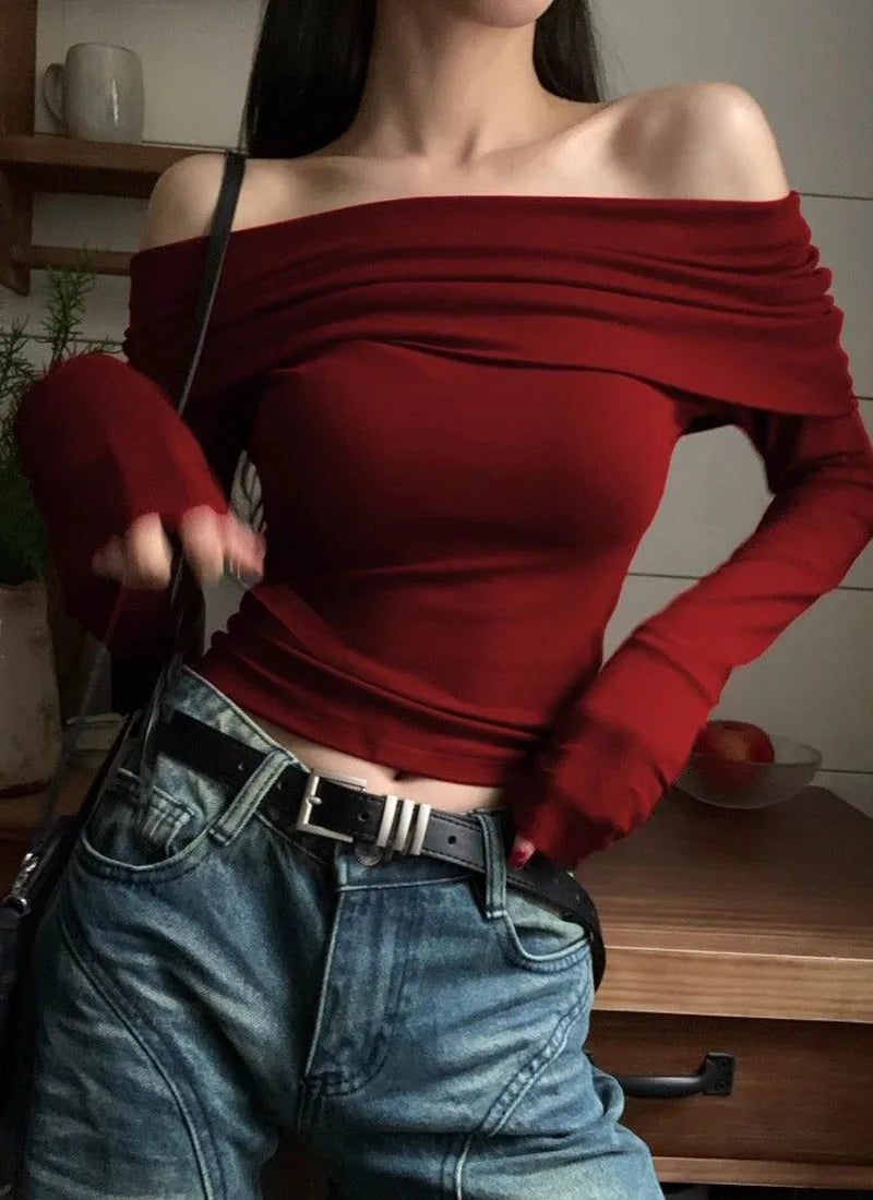 Xpqbb Vintage Slash Neck Pullover Women Korean Fashion Slim Long Sleeve Short Blouses Ladies Sexy Off Shoulder Club Party Tops