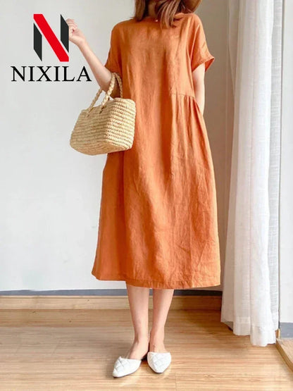 New in Spring Summer Women's Dress Elegant Casual Loose Short Sleeve Tops A-LINE Oversize Solid Midi Dresses for Women Clothing Badiee Stylez
