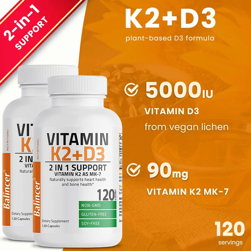 Vitamin D3 K2 2-in-1 Support, Dietary Supplement, Natural Support for Heart and Bone Health, Highly Absorbed, 120 Capsules