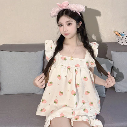 Summer Pajamas Loungewear Set Women's Summer Suspender Pajama Set Student Vest Shorts Foam Insy Style Two-Piece Loungewear Set Strawberry8821