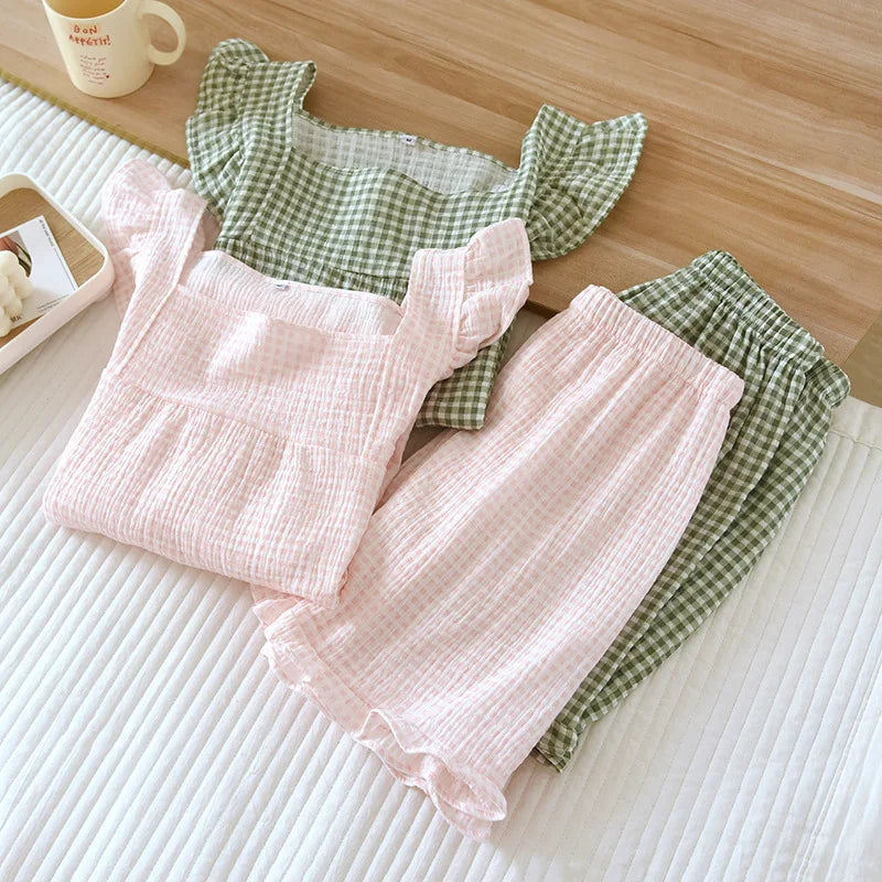 2025 Japanese summer new women's pajamas suit short-sleeved shorts two-piece 100% cotton crepe simple checked thin home clothes