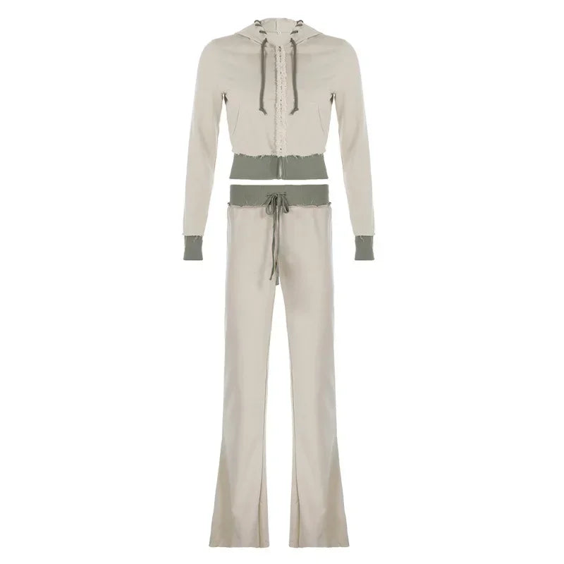 Patchwork 2 Piece Set Tracksuit Women Zip Wide Waist Crop Hooded Pocket Jacket + Sporty Pants Matching Casual Basic Suit Grey