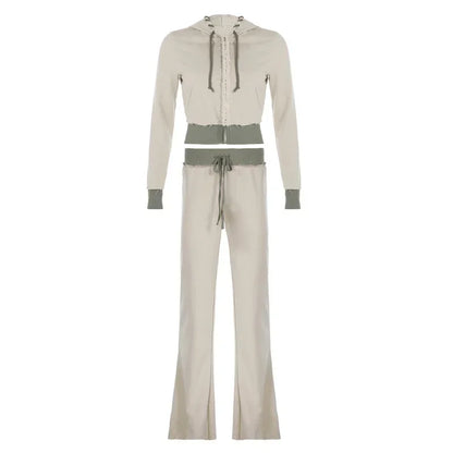 Patchwork 2 Piece Set Tracksuit Women Zip Wide Waist Crop Hooded Pocket Jacket + Sporty Pants Matching Casual Basic Suit Grey