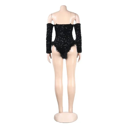 Women's Elegant Sequined Feather Slim Patchwork Bodysuits Spring Summer New Sexy Bodysuits Women Long Sleeve Backless Bodysuits
