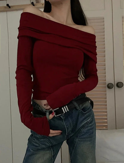 Xpqbb Vintage Slash Neck Pullover Women Korean Fashion Slim Long Sleeve Short Blouses Ladies Sexy Off Shoulder Club Party Tops