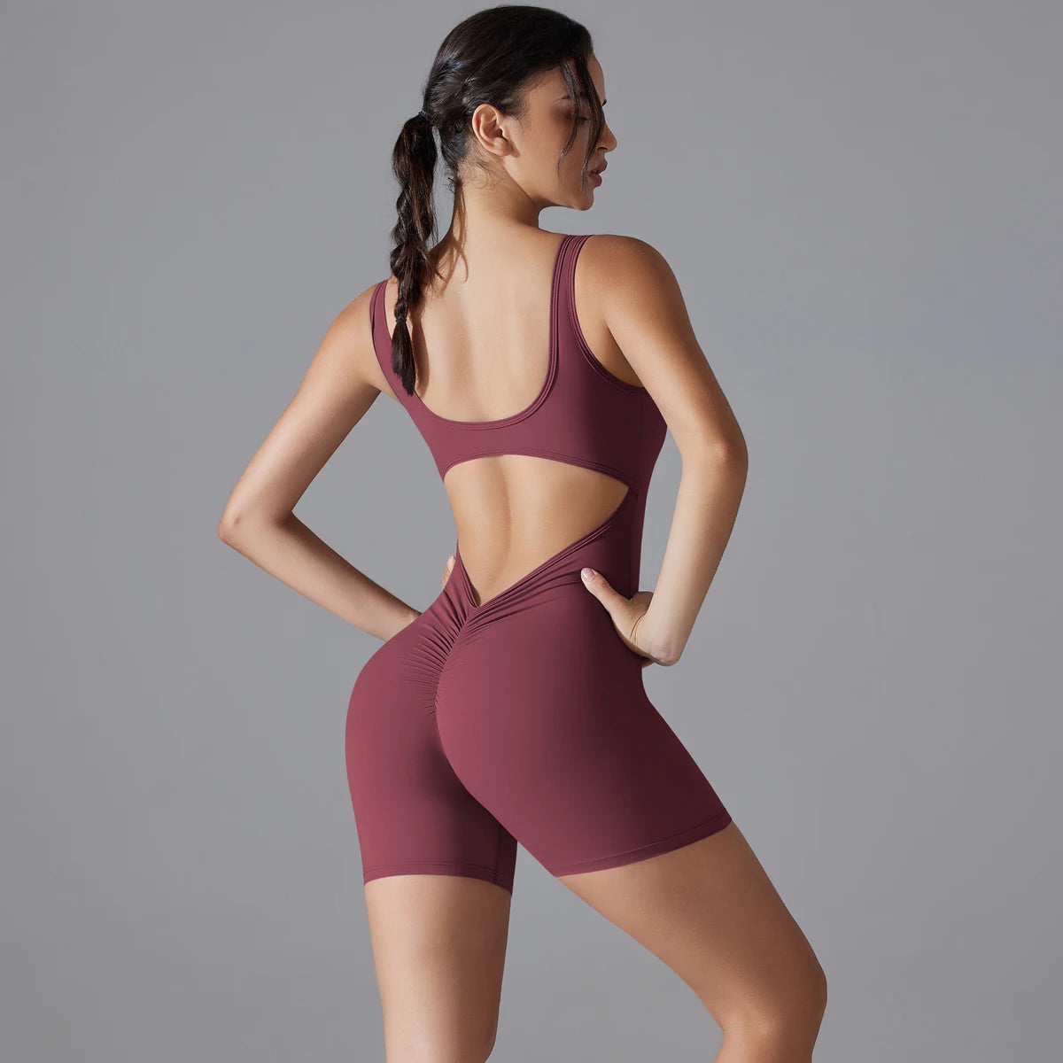 New V Back Scrunch Sports Jumpsuit Women Gym Rompers Sleeveless Sportswear Bodysuits Women Casual One-Piece Suit Yoga Clothing Red Merlot