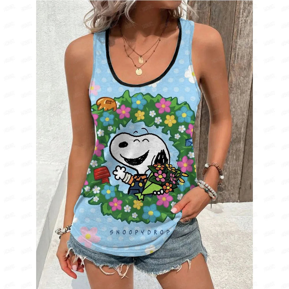 Women's Blouse black Shirts & Blouses Cartoon Snoopy Print Sleeveless Tops Loose V Neck Pulovers Summer Youthful Woman Clothes BXZ1GH01112