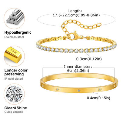 Vnox Love Tennis Chain Bracelets Round Zircon Stone Bangles Set, PVD Stainless Steel Women Jewelry Set Gift for Mom Mothers Day Badiee Stylez