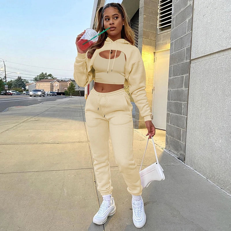 Women 3 Pieces Sets Sweatpants and Hoodie Set Cropped Tops Fleece Pants Suit Tracksuit Fitness Sport Jogger Outfit Clothing Beige