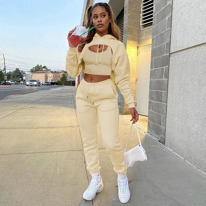 Women 3 Pieces Sets Sweatpants and Hoodie Set Cropped Tops Fleece Pants Suit Tracksuit Fitness Sport Jogger Outfit Clothing Beige