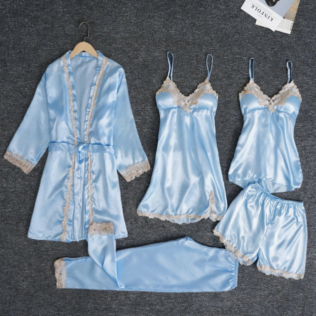 2025New Luxury Satin Pajama Set 5 Pcs Women's Silky Sleepwear Lace Trim Robe Nightgown Cami Shorts Pants Elegant Loungewear Hot sky blue