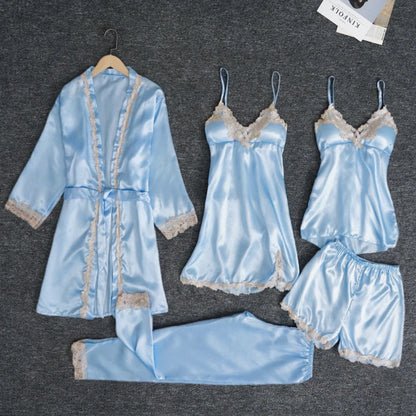 2025New Luxury Satin Pajama Set 5 Pcs Women's Silky Sleepwear Lace Trim Robe Nightgown Cami Shorts Pants Elegant Loungewear Hot sky blue
