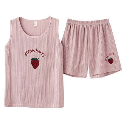 Women Pajamas Set Summer Sexy Sleepwear Sleeveless Lingerie Cotton O-Neck Pure Color Vest + Print Shorts 2 Piece Sets 4XL пижама FB-Y34022