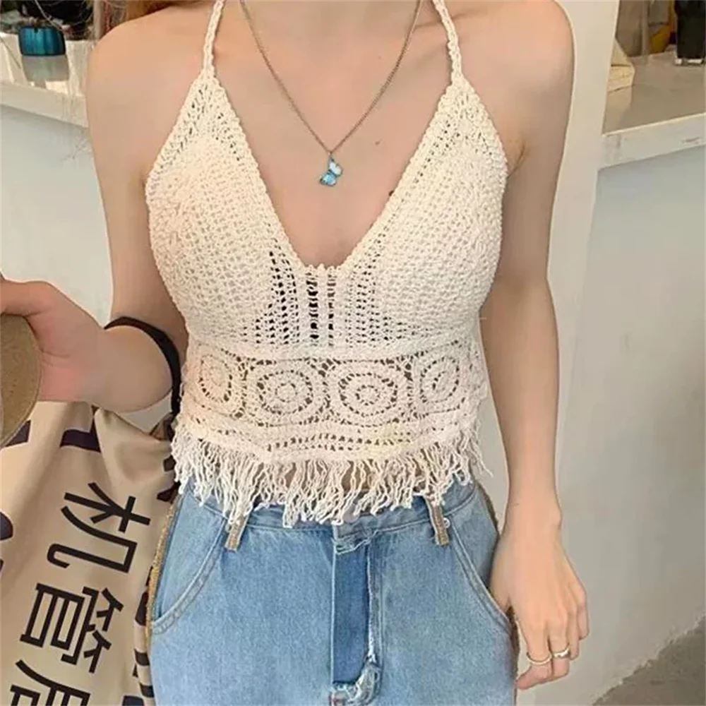 Sexy Boho Beach Holiday Camisole Halter Women Crochet Knit Swimsuit Bra Backless Vest Hollow Tassel Tank Top Women's Crop Tops