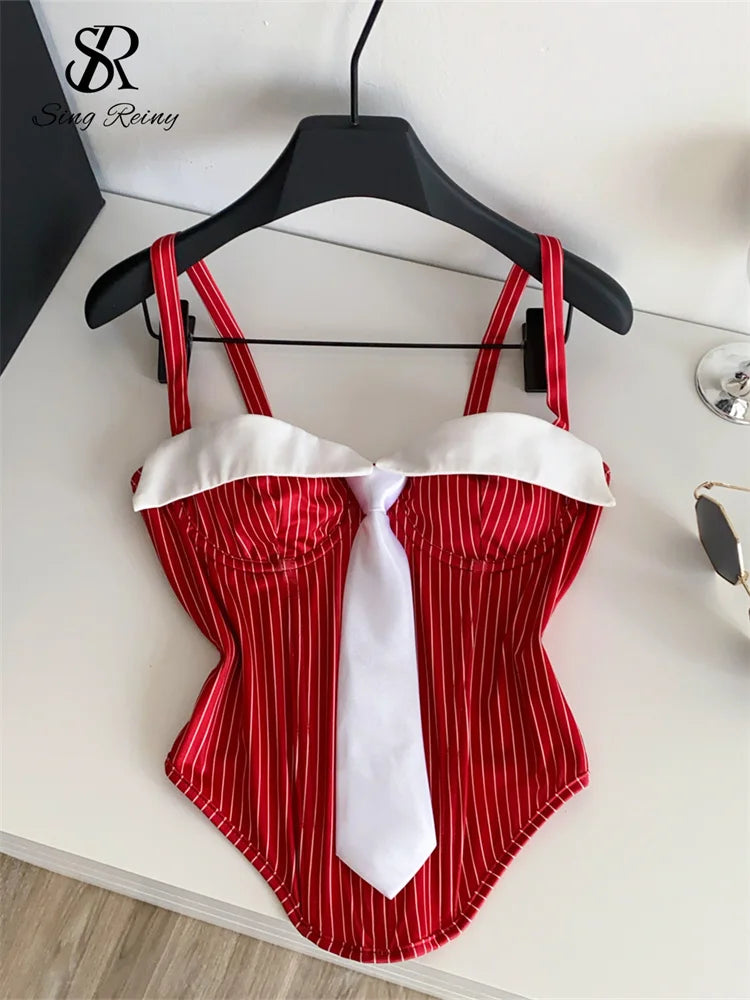 SINGREINY Summer Corset Stripe Tank Top Women Tie Strapless Chic Backless Hotsweet Camis 2025 Streetwear Club Sexy Mini Top red